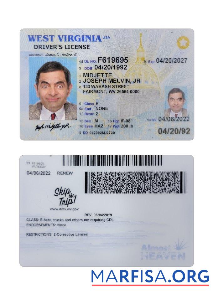 Blank USA West Virginia driving license 2022 present sample